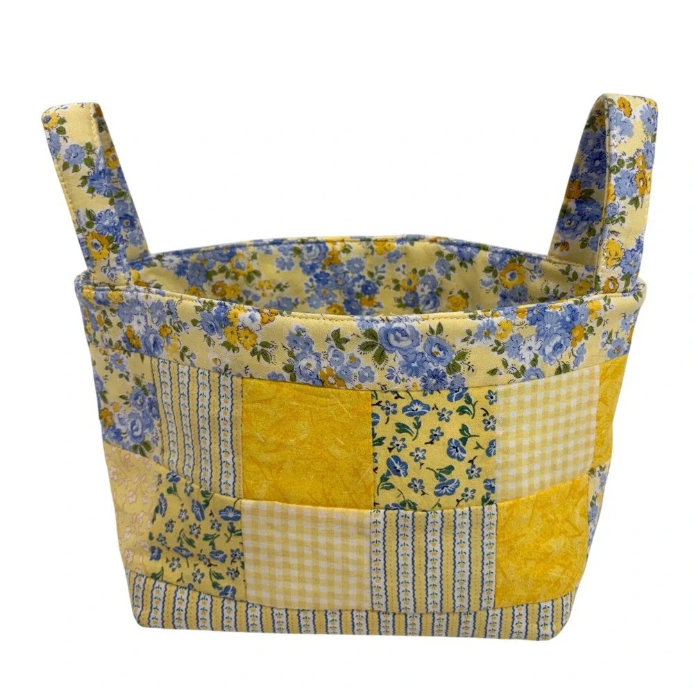 Vintage Quilted Patchwork Fabric Basket Yellow Blue Floral Gingham Storage Bin
